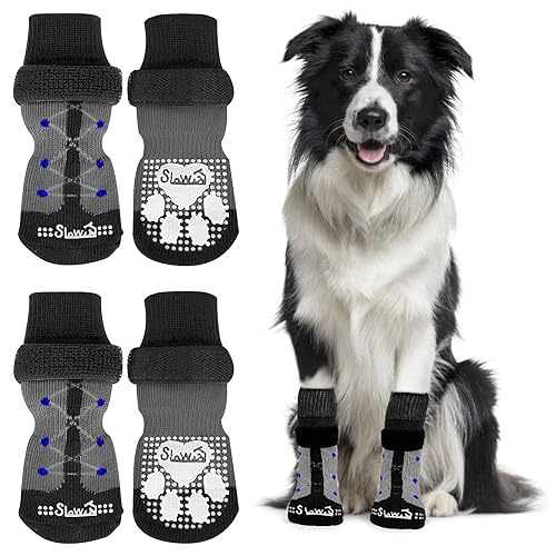 SlowTon 2 Paar Indoor Anti-Rutsch Socken für Hunde, weicher Verstellbarer Pfotenschutz mit Klettverschluss für Hartholzböden in Innenräumen, Hundesocken für kleine, mittlere große Hunde(Schwarz, M)