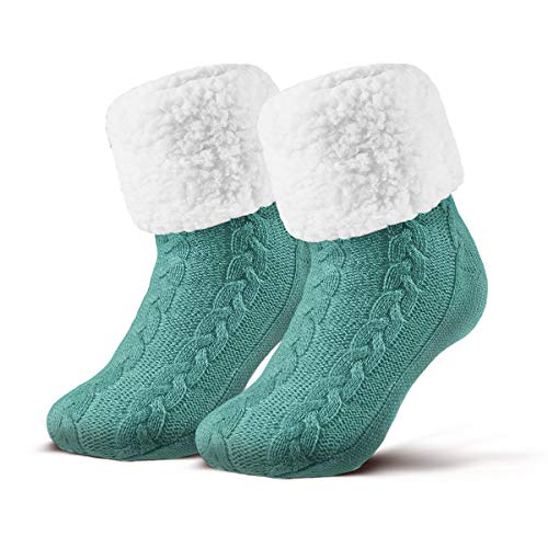 Piarini 1 Paar Kuschelsocken mit ABS Sohle - warme Damen Socken - Wintersocken mit Anti Rutsch Noppen - dicke Haussocken mint grün*