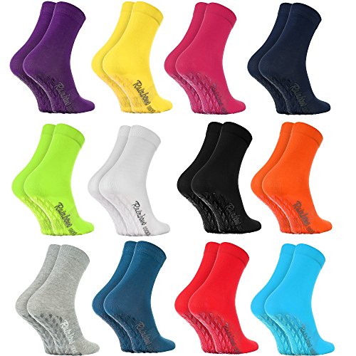 Rainbow Socks - Damen Herren Bunte Baumwolle Antirutsch Socken ABS - 12 Paar - Weiß Blau Blau Marine Schwarz Rot Lila Blau Orange Pink Grau Grün Gelb - Größen 36-38*
