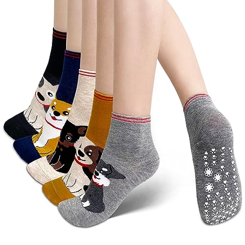 ZFSOCK Damen Stoppersocken Lustige Socken: Bunte Antirutschsocken Baumwolle Rutschfest ABS Socken mit Witzige Motiv Katzen Tier Muster Geschenkideen für Frauen Größe 35-42(5 Paare)