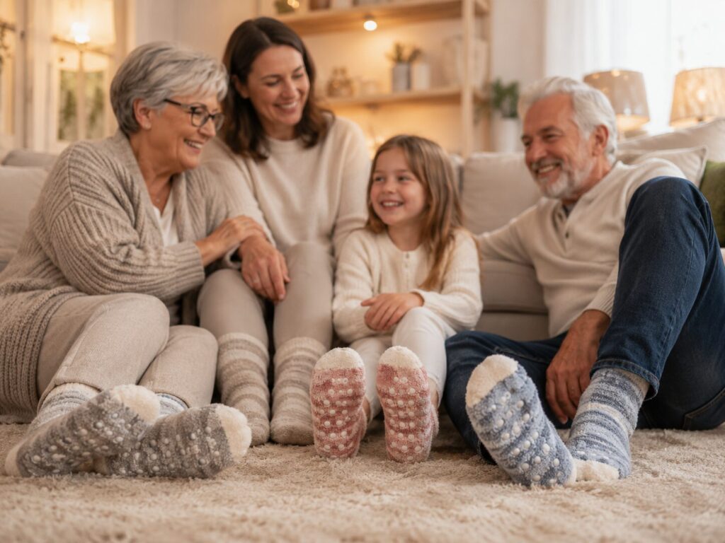 Familie trägt Stoppersocken auf dem Sofa