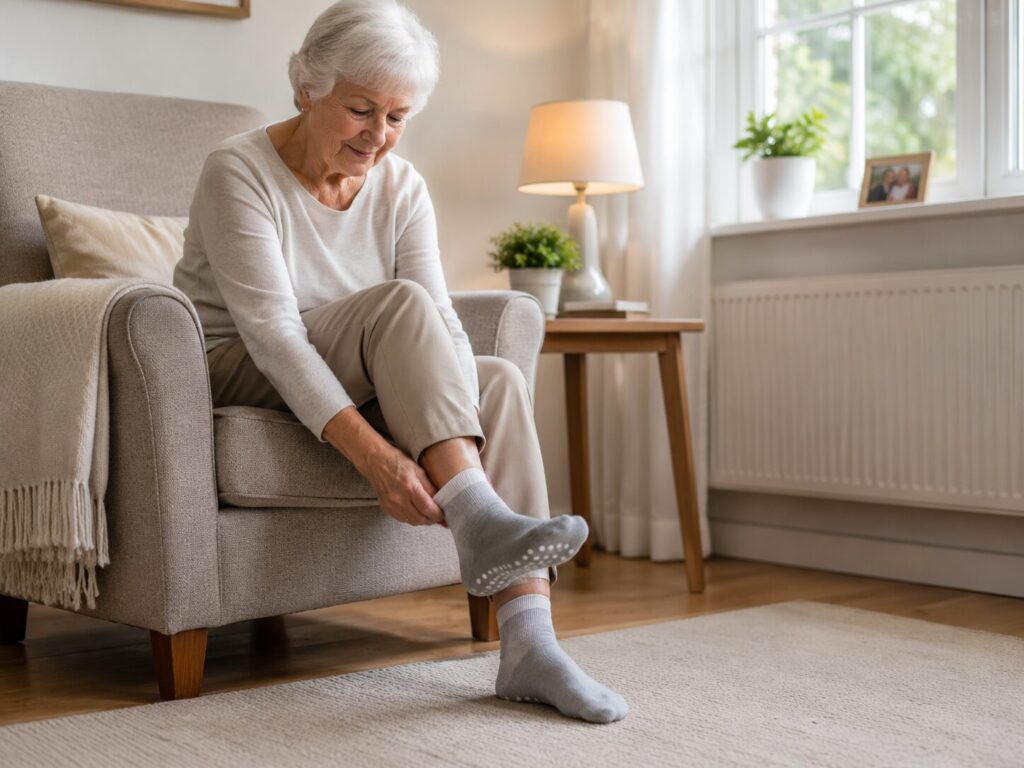 Seniorin zieht rutschfeste Stoppersocken an