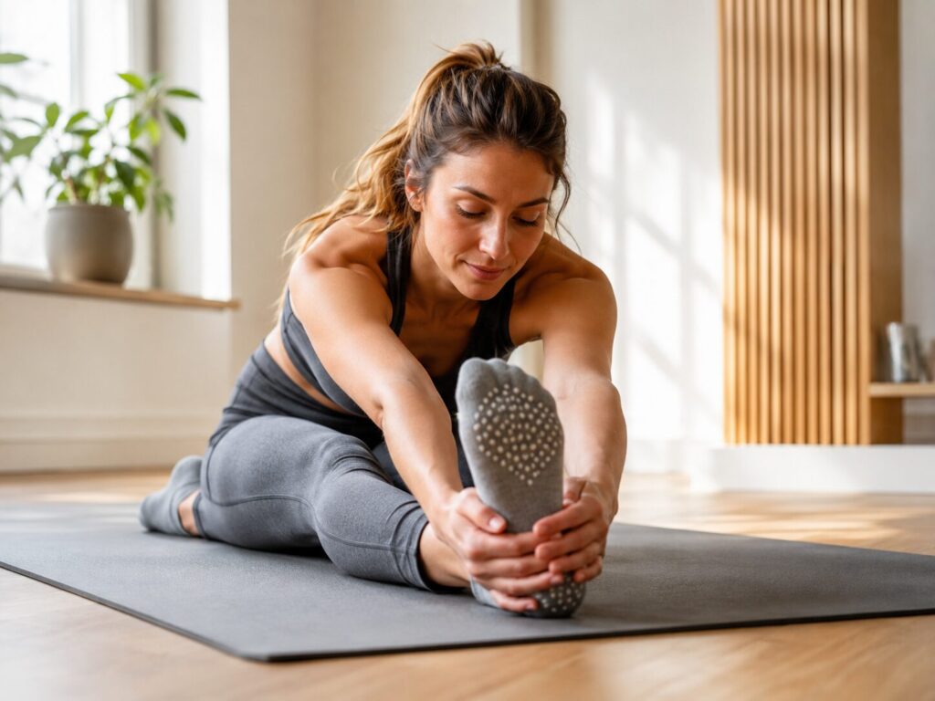 Frau trägt rutschfeste Yogasocken beim Training auf der Matte